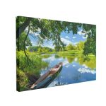 Tablou Canvas Sky Clouds, River, Boat, Green Trees